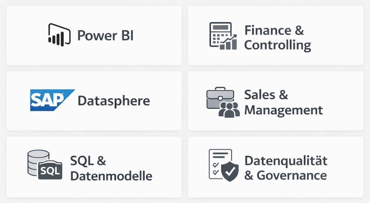 Werkzeuge und Fachbereiche – Power BI, SAP Datasphere, Finance, Sales, Management